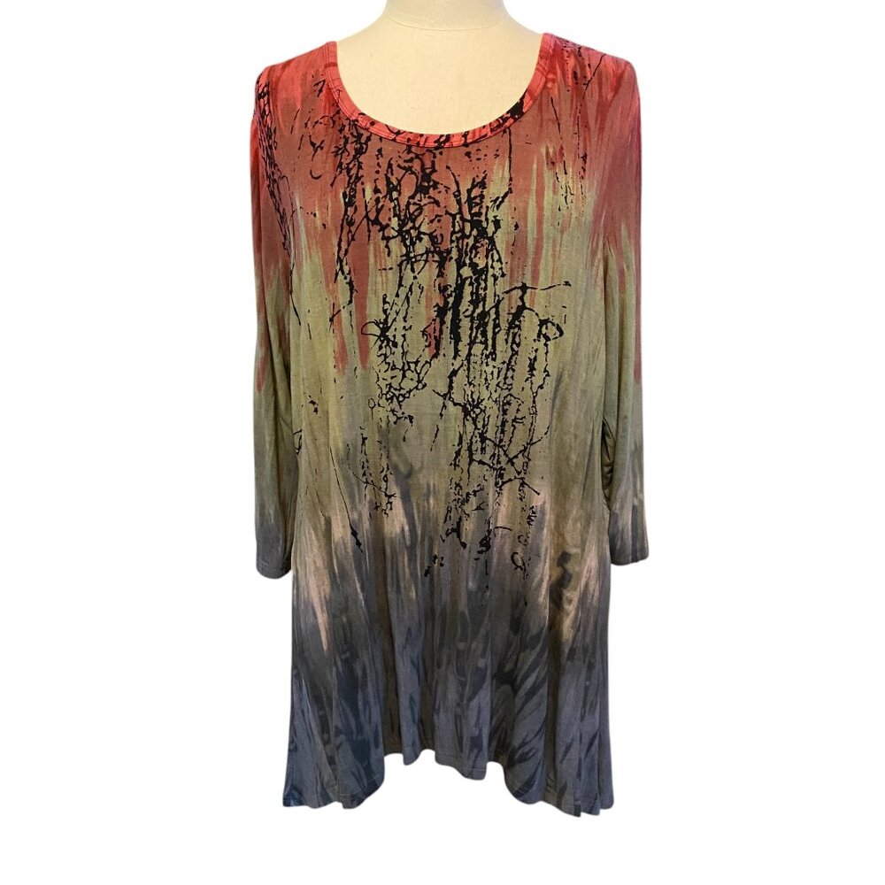 Parsley & Sage Abstract Art Print Tunic Ombre Boho Lagenlook Sharkbite Hem-L